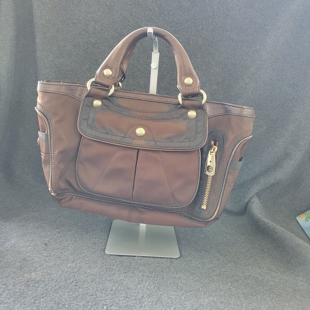 Authentic CELINE Brown Nylon & Leather Tote Handbag Gold Hardware‎ Logo Lining